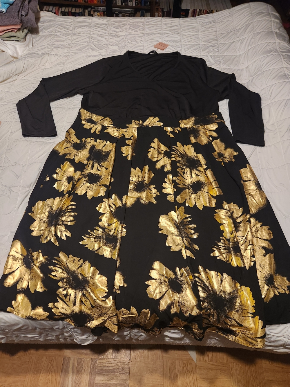BloomChic Black Dress with Gold Floral Print — Long Sleeve